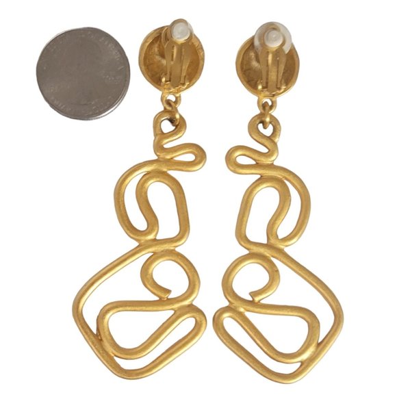 Unsigned Anne Klein Matte Gold Tone Modernist Snake Dangle Clip-On Earrings E59 - Picture 7 of 8